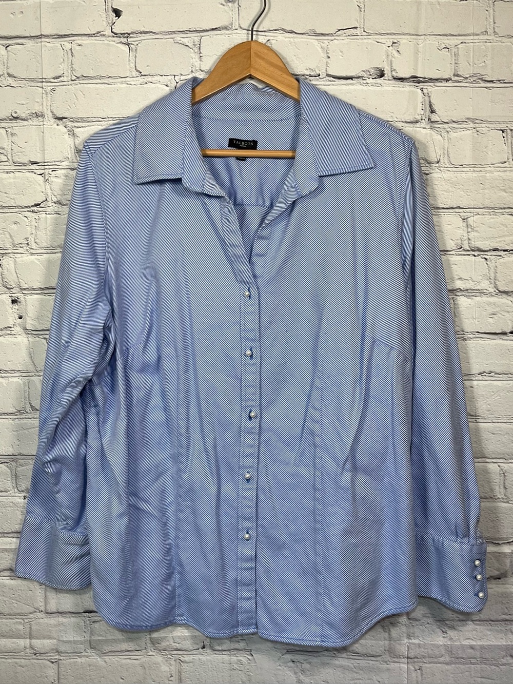 Talbots MicroStripe Pearl Button Fitted Shirt Womens Size 18W Blue Preppy Office